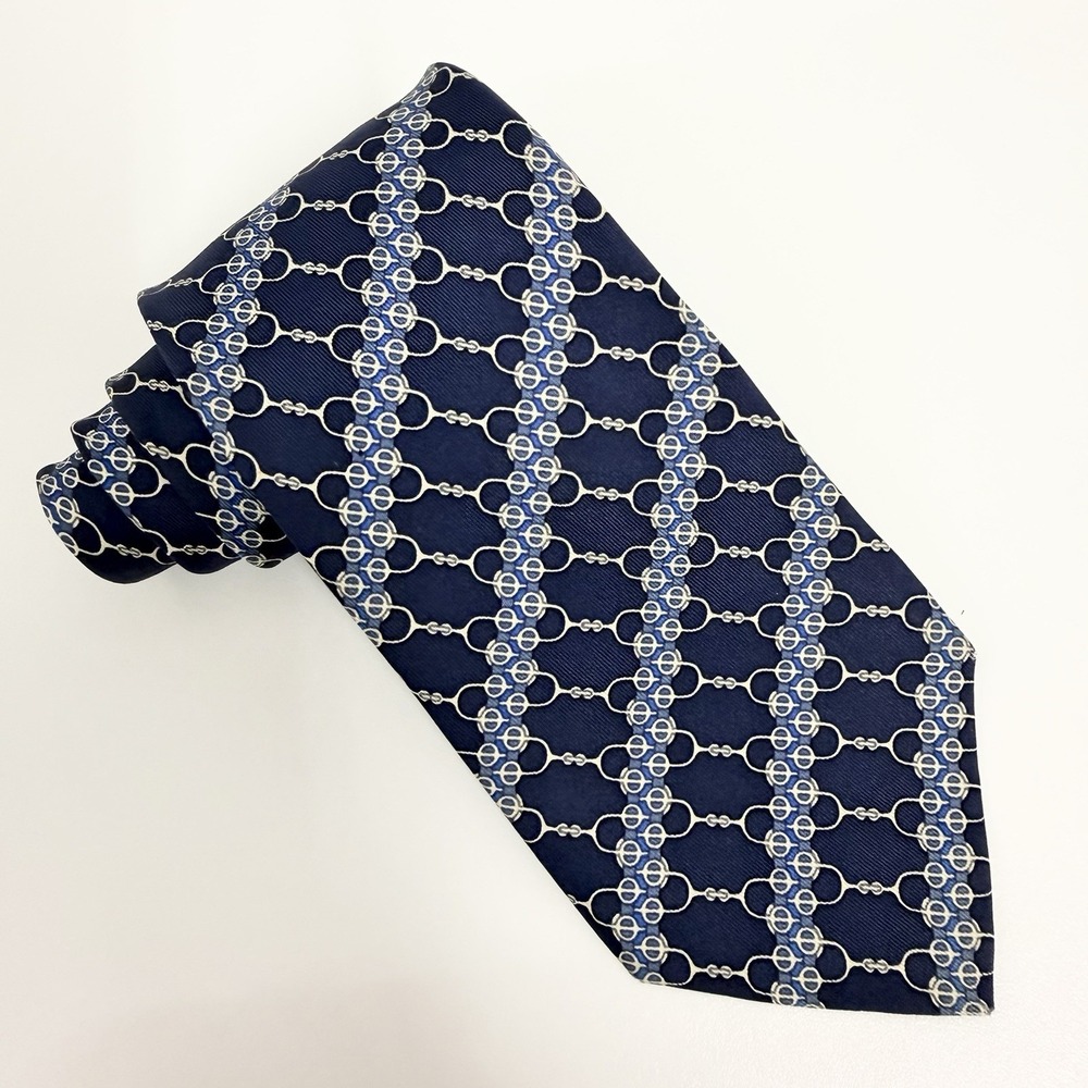 Hermes Men's Tie Chain Links Navy Blue & Khaki Silk 7077 OA 3.25" (W) x 55" (L) - Picture 4 of 8